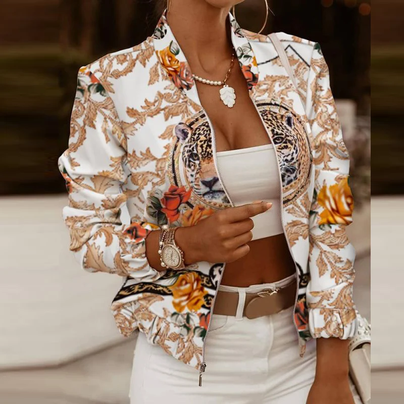 Женский жакет на молнии с винтажным принтом воротником-стойкой и длинным рукавом