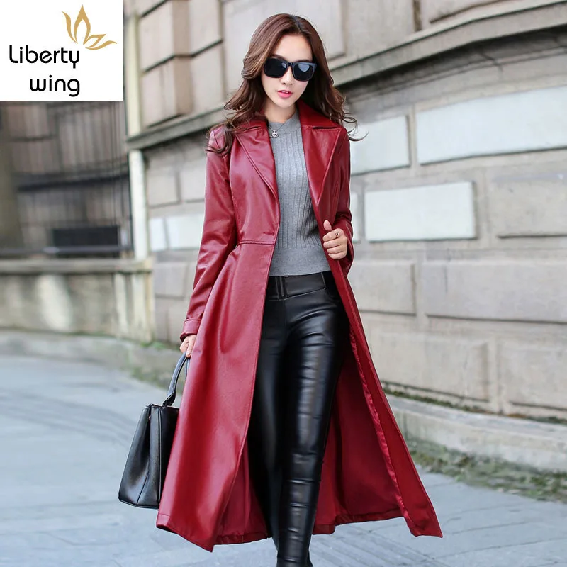 

Top Fashion Vogue Womens Overcoat Street Style Long Coats Belted Faux Trench Female Ladies Leather Jackets Red Black