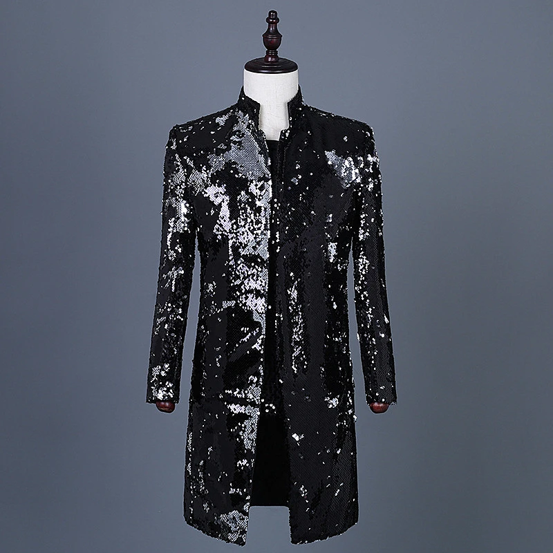 Men's Performance Jacket Black Sequins Suit Men's Suit Stand Collar Nightclub Host Costume Mid-long Coat