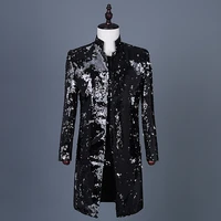 mens performance jacket black sequins suit mens suit stand collar nightclub host costume mid long coat