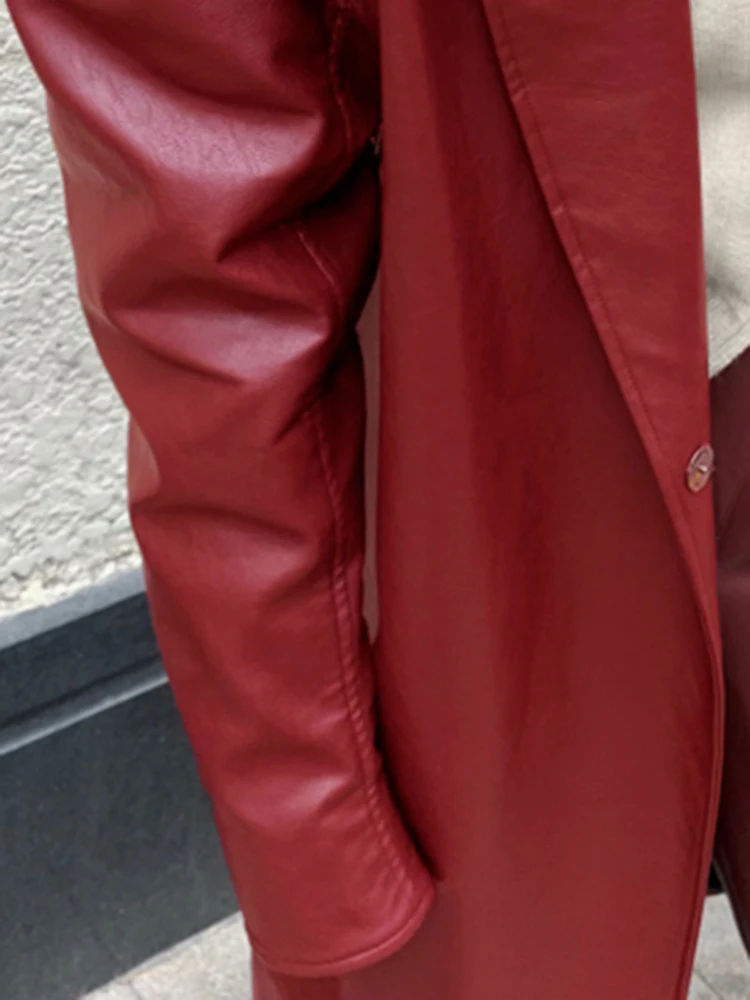 Lautaro Осенняя длинная свободная винно-красная кожа длинный рукав отворот