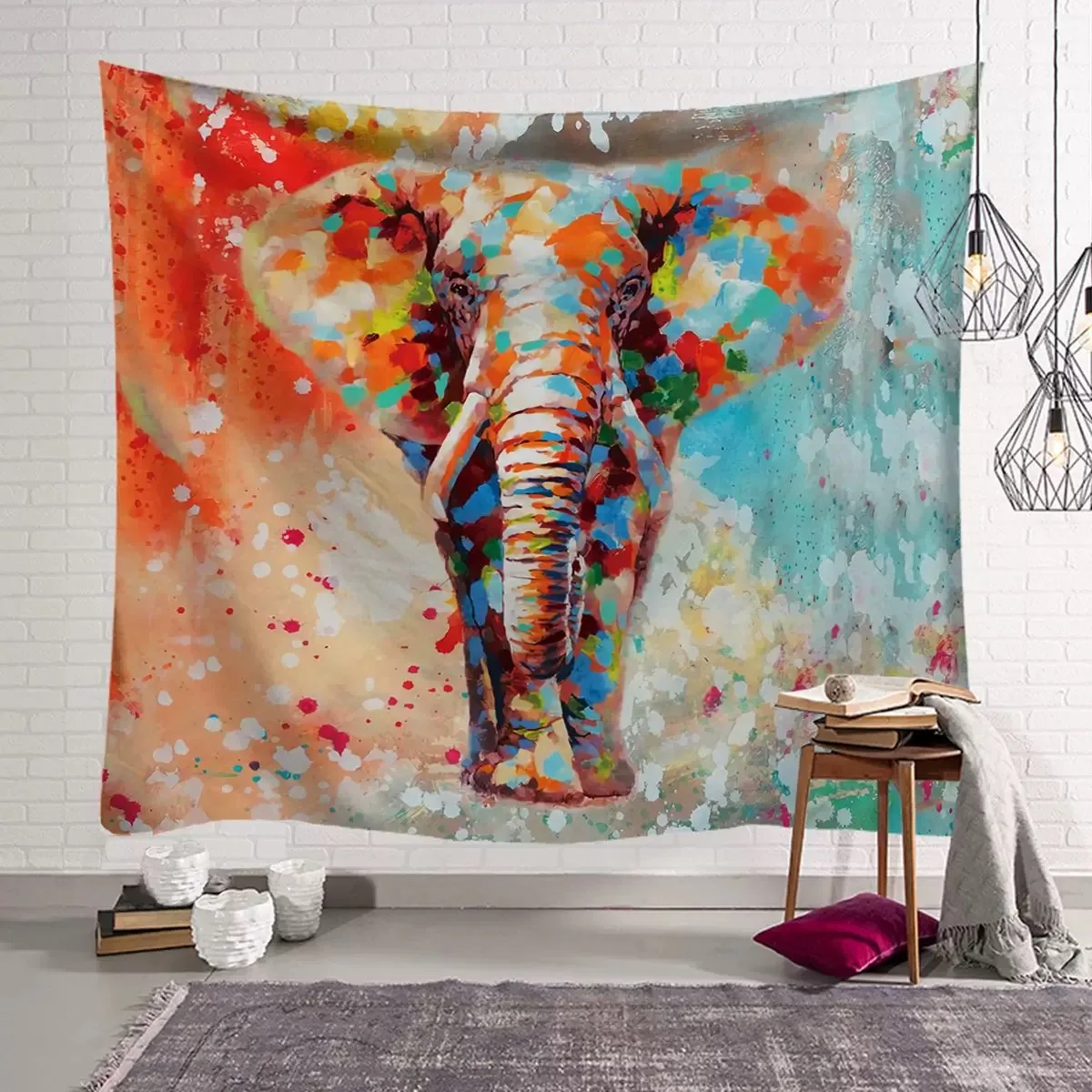 

Watercolor Elephant Tapestry-Mandala Bohemian Retro Wall Hanging Artist Home Decoration Curtain Balcony Transparent Room Divider