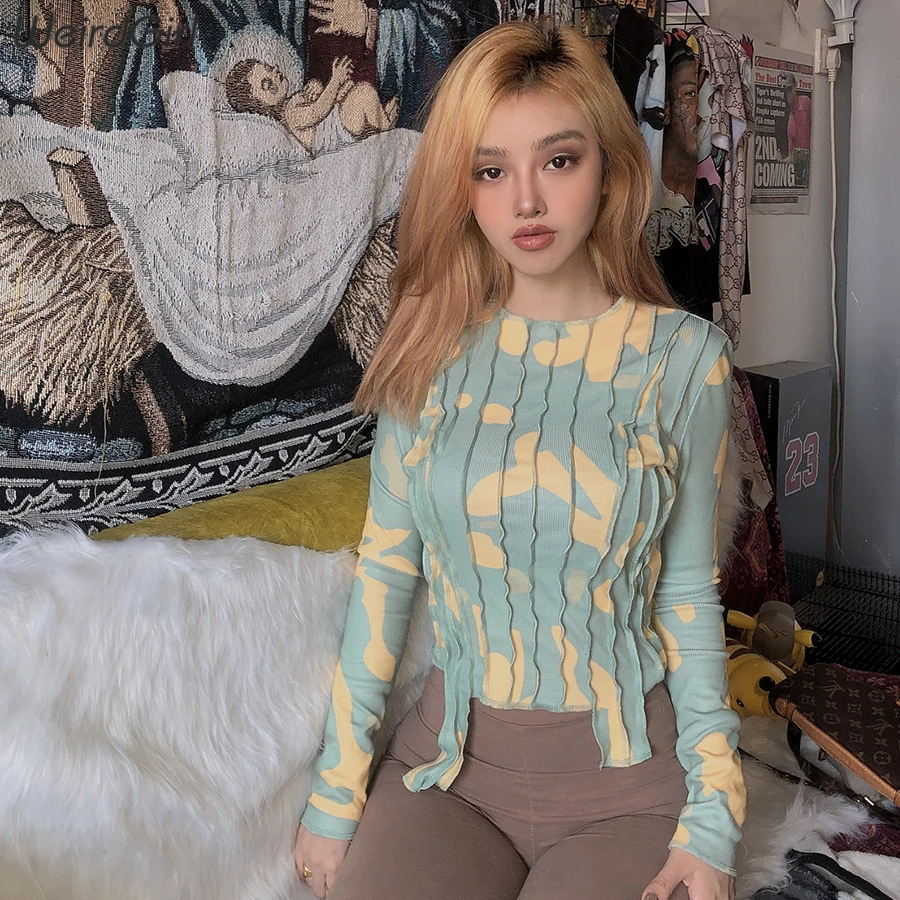 

women autumn new t-shirts full sleeve o-neck print striped fashion casual outfit streetwear femme elastic knitted top