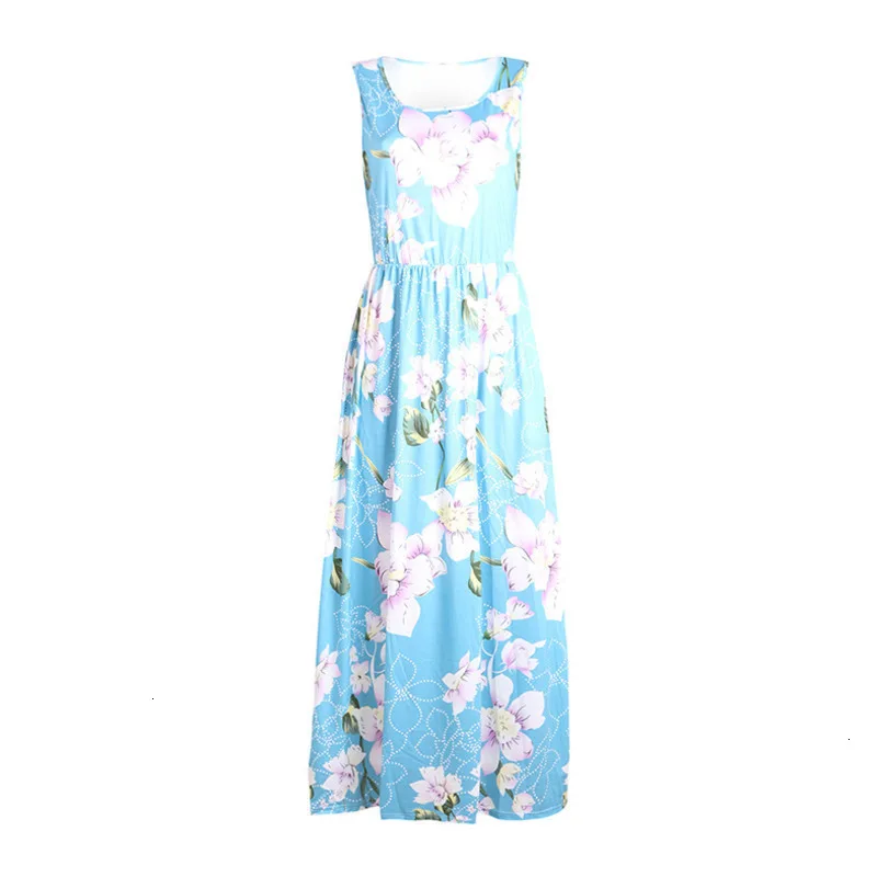 Boho Holiday Summer Female Beach Dress A Line Tank Sleeveless High Waist Long Floral Print Pocket Maxi Q |