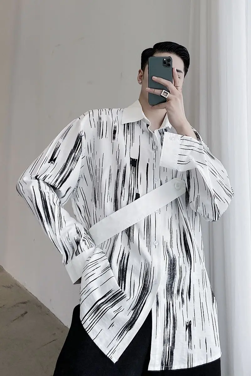 

IEFB black white color block shirts for men strap design trendy printed loose long-sleeved tops 2021 new oversize clothes 9Y3279