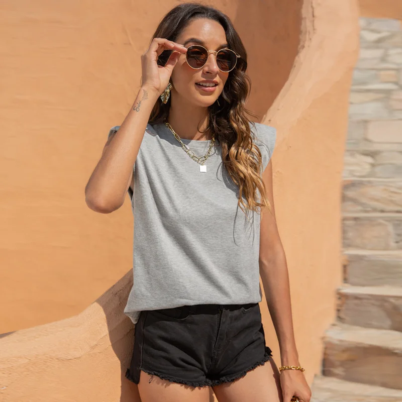 

2021 summer top new women's round neck casual solid color sleeveless shoulder pad vest t shirt women korean clothes streetwear