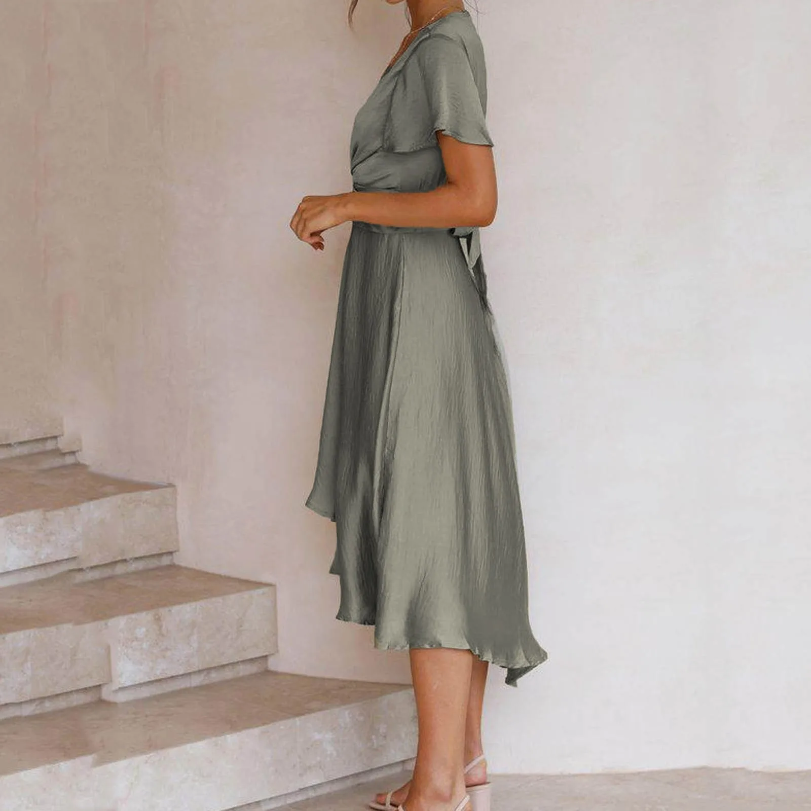 

40# Solid Sexy Navel Dress Casual V-neck Irregular Summer Dress 2021 Boho Short Sleeve Mid Calf Dresses For Women 2021 Vestidos