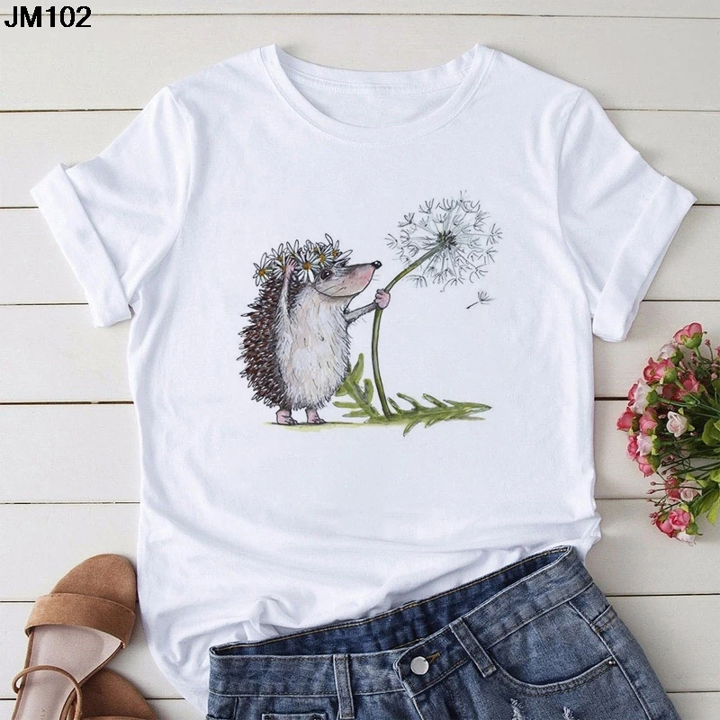 Новинка 2021 женская футболка большого размера с принтом ежика и одуванчика летняя