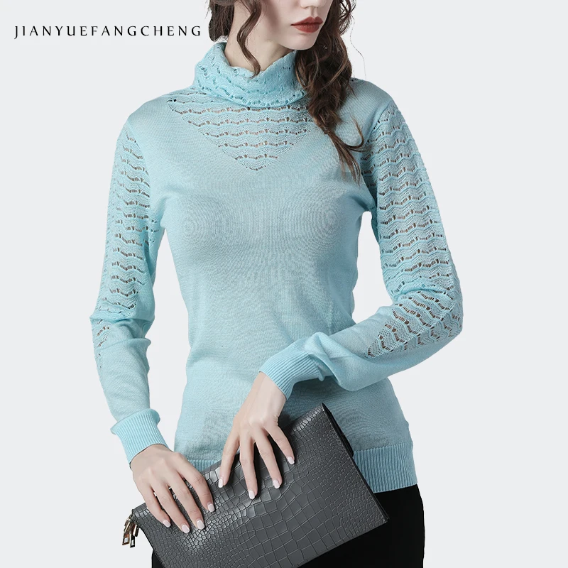 Sexy Skinny Womens Turtleneck Sweater Solid Long Sleeve Thin Knitted Top Hollow Out Female Inner Wear Pullovers | Женская одежда