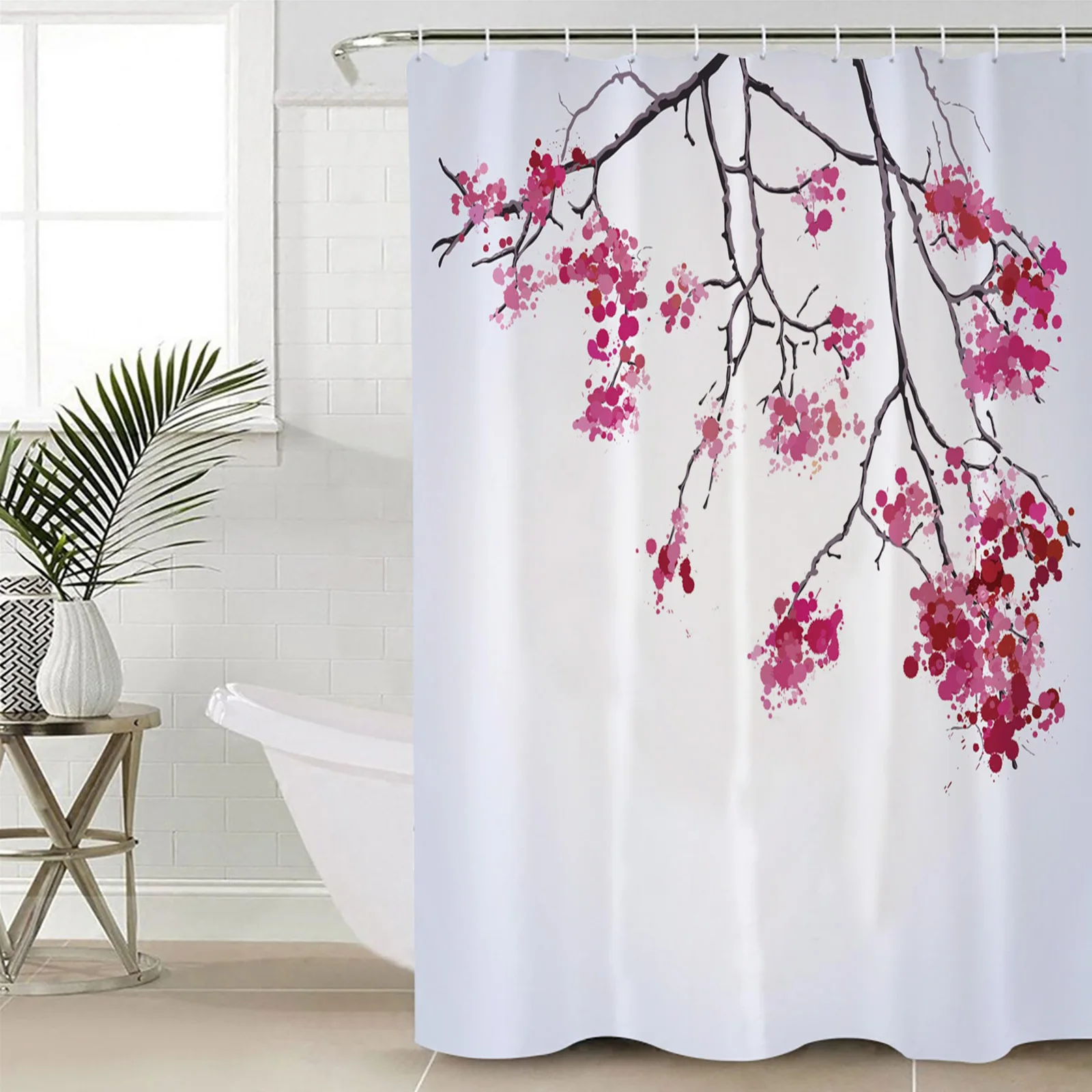

Plant Pink Flower Branch Shower Curtain Bathroom Decorative Waterproof Polyester Fabric Curtain for Bathroom