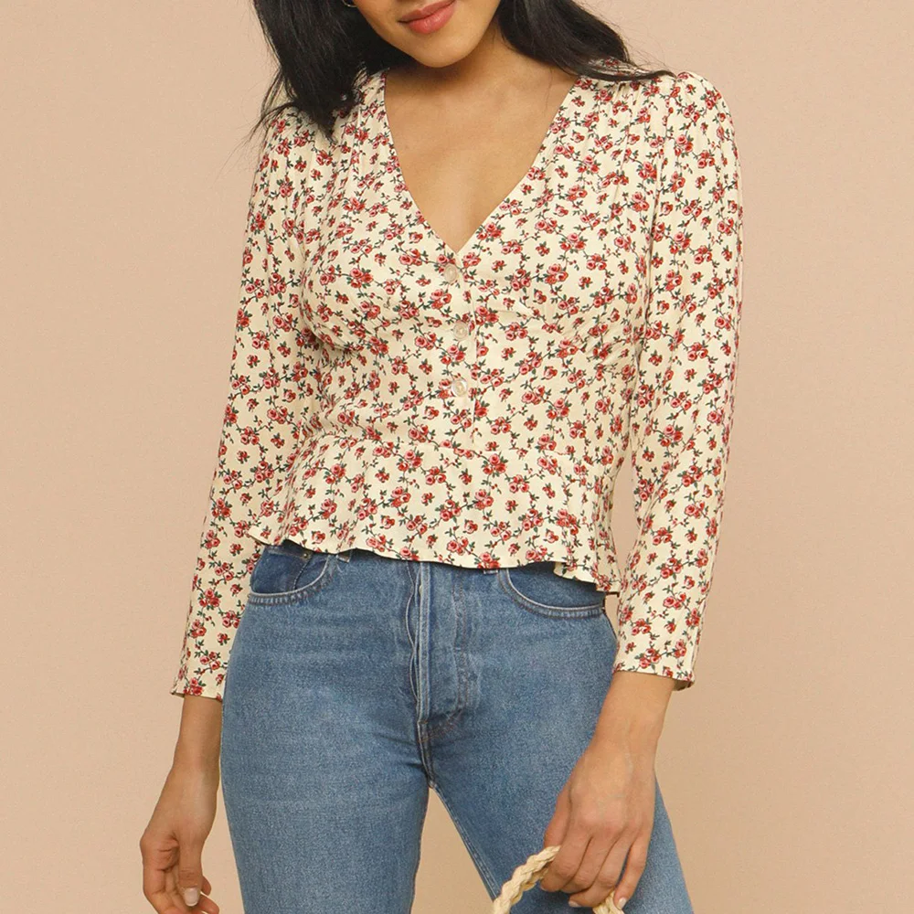 

Womens Tops And Blouses 2021 V Neck Three Quarter Sleeve Front Button Slim Ruffle Hem Elegant Vintage Floral Print Blouse Women