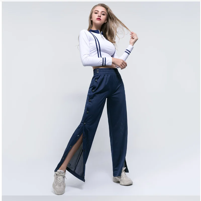 2022 New Autumn New Style Mesh Button Splicing Beam Feet Female High Waist Loose Casual Trousers Side Slit Wide leg pants Female