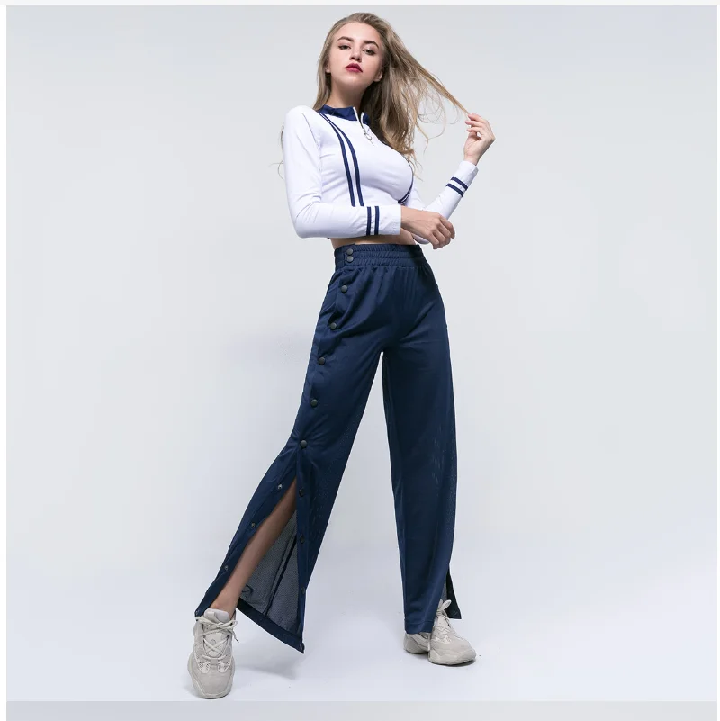 

2022 New Autumn New Style Mesh Button Splicing Beam Feet Female High Waist Loose Casual Trousers Side Slit Wide leg pants Female