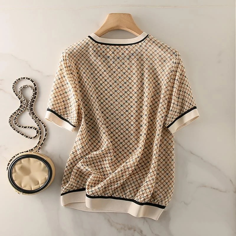 

French Romance Tops Women's Short-sleeved Square Plaid Printed T-shirt 2021 Summer New Ribbed Elegant Mulberry Silk T-shirt