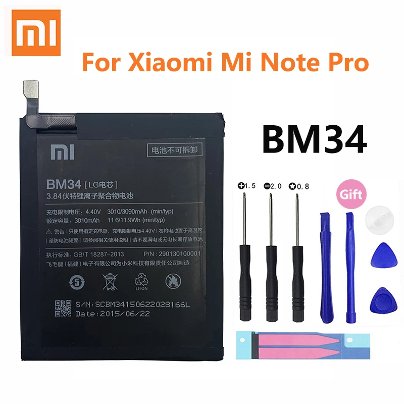 

100% Оригинальная батарея Xiao mi BM34 3010 мАч для Xiaomi Mi Note Pro 4 Гб RAM, высокое качество, сменные батареи для телефона