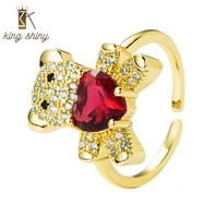 king shiny cute crystal bear open rings for woman gold plated cubic zirconia adjustable finger ring bridal wedding party jewelry