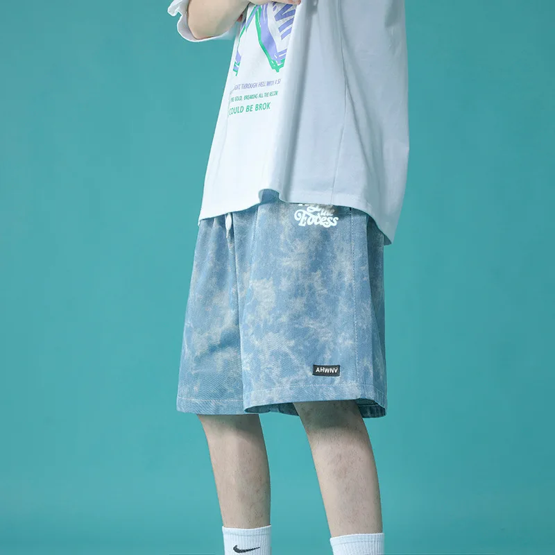 

Summer Street Fashion Brand Ins Tie-dye Denim Shorts Male Hip-hop Loose Youth Casual Pants Oversized Tooling Five-point Pants
