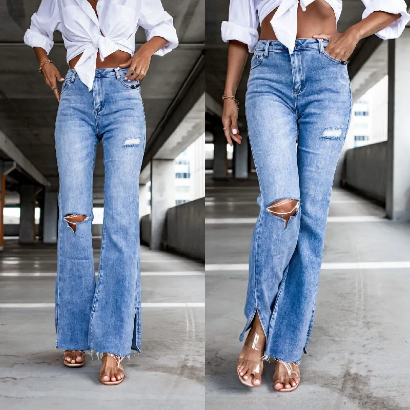 

2021 Autumn Street Trendy Straight Leg Trousers Trousers Split Leg Female Jeans Ladies Jeans Ripped Straight Leg Pants-