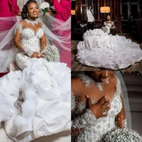 luxury plus size mermaid 2021 wedding dresses bridal gowns tiered ruffles long sleeve pearls beaded crystal robe de mari%c3%a9e