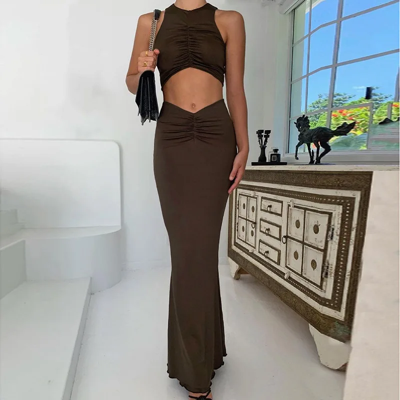

The new temperament pure color elegant color pleated long skirt 2021 slim and thin bag hip long skirt