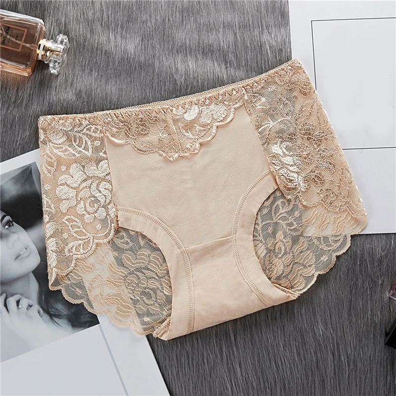 

Women's Cotton Blend Underwear Panties Sexy Lace Mid-Waist Hollow Female Briefs Hip Lift Underpants For Lady Plus Size Lingerie