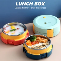round insulated lunch box kids food storage cute bento box with spoon and fork portable 304 stainless steel thermal lunchbox