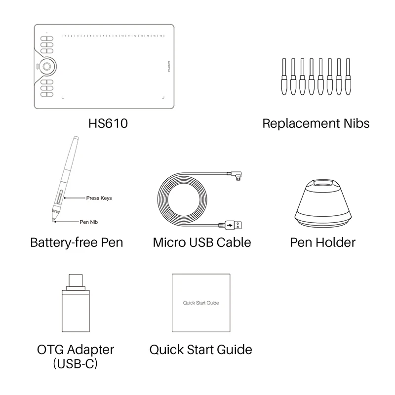 

HUION HS610 Graphic Tablets Digital Pen Tablet Phone Drawing Tablet with Tilt OTG Battery-Free Stylus for Android Windows macOS