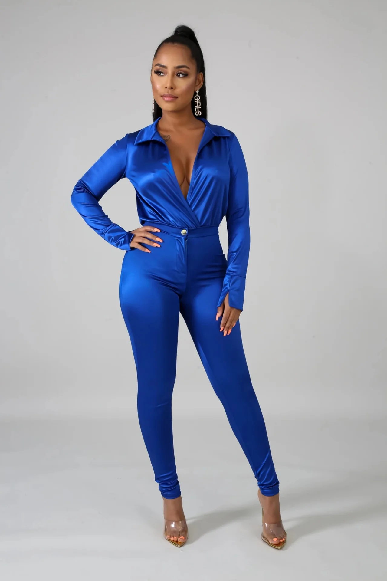 Очаровательный женский Атласный Костюм весенний пикантный боди с глубоким