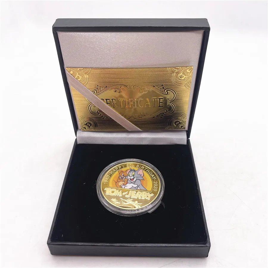 

Anime Cartoon Tom Cat and Jerry Mouse Gold Plated Commemoative Coin Collectibles in Coin Holder Challenge Coin Gift for Children