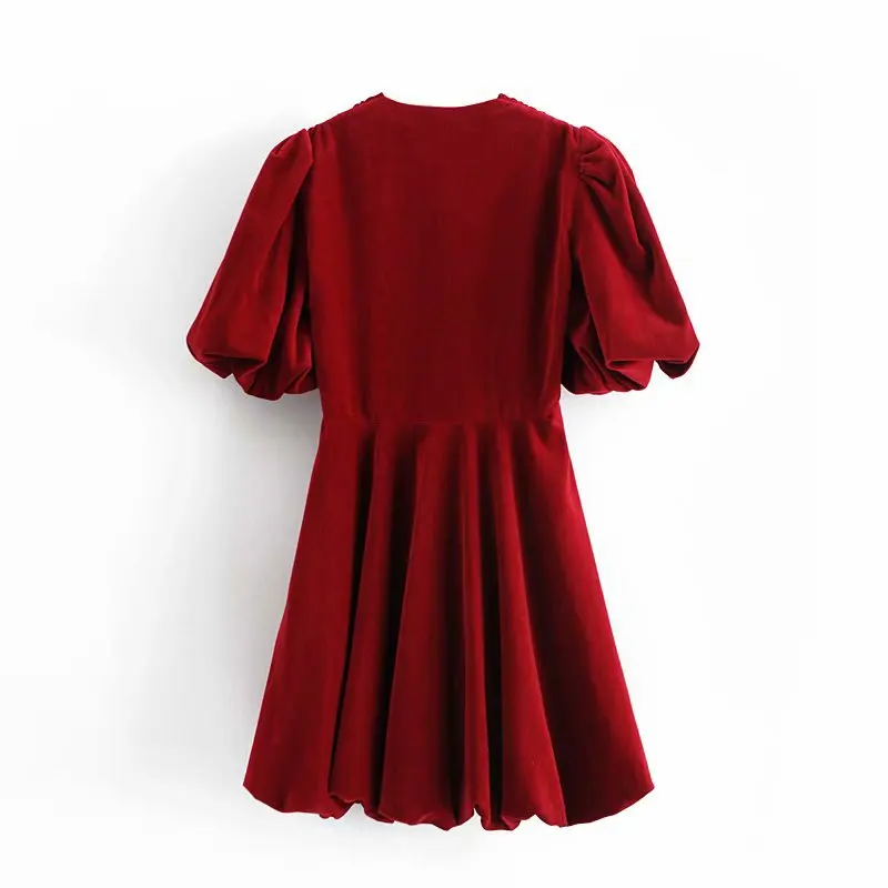 

2021 Ladies New Spring Summer Casual Short Dress Women Elegant Velvet Mini Puff Sleeve V Neck Pleated Dresses For Fashion