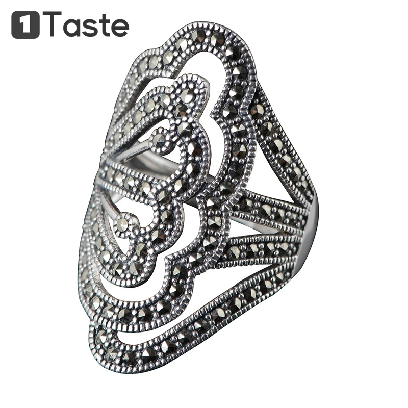 

ONE TASTE S925 Silver Marcasite Stone Hollow Craft Ring For Women Vintage Thai Silver Trendy Resizable Rings Fine Jewelry Gift