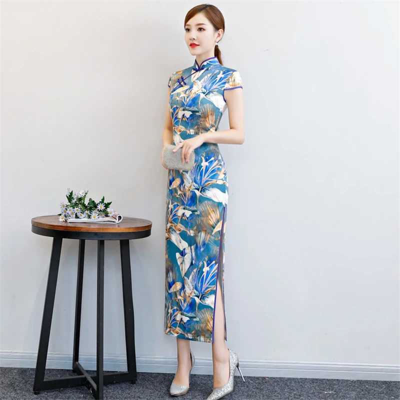 Синий Cheongsam китайское платье винтажное с цветочным принтом женское традиционное Qipao длинный халат атласный шелк короткий рукав вечерние новогодние Wediing - Цвет: Синий