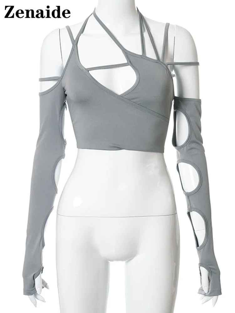 Женская футболка с вырезами Zenaide летняя пикантная в стиле панк лямкой на шее