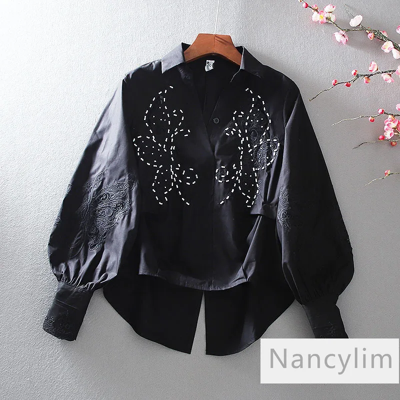 Dame Coton Pur Blanc Chemise Femmes Broderie Creuse Tout-Match Taille Haute Décontractée Lâche V-Cou Blusas Femme Printemps été