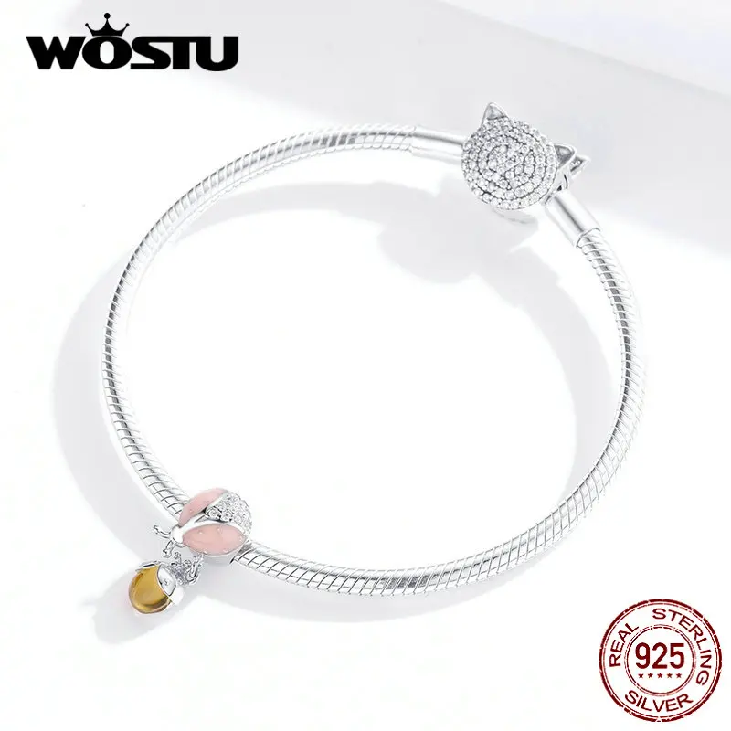 WOSTU Розовые и желтые бусины «божья коровка» 925 пробы серебряные циркониевые амулеты подходят к оригинальному браслету Кулон Серебро 925 ювелирные изделия FIC1371