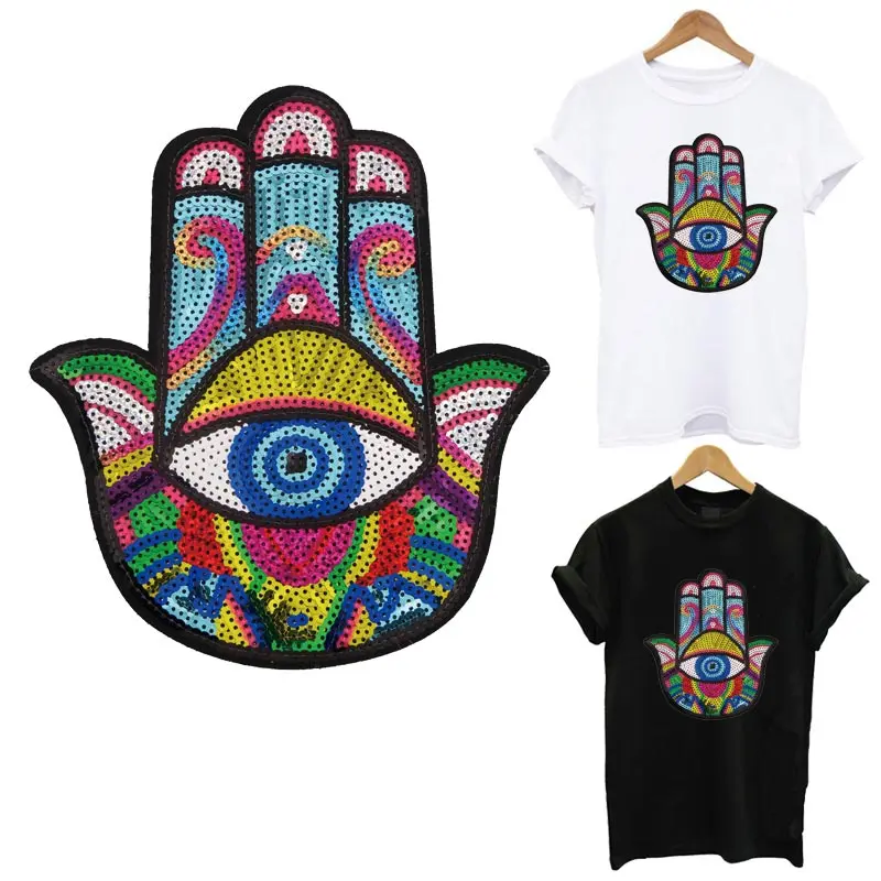 Colorful Hamse hand Of Fatima Iron On Patches For Clothing Garment Accessory Sewing Clothes Mandalas Hand Sequins Embroidery | Дом и сад
