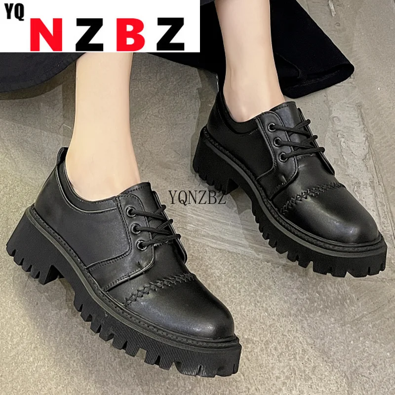 

Autumn New Fashion Platfoprm Lace-Up Women's Casual Shoes Low Heel Square Heel Comfortable Pu Leather Women's Falt Shoes
