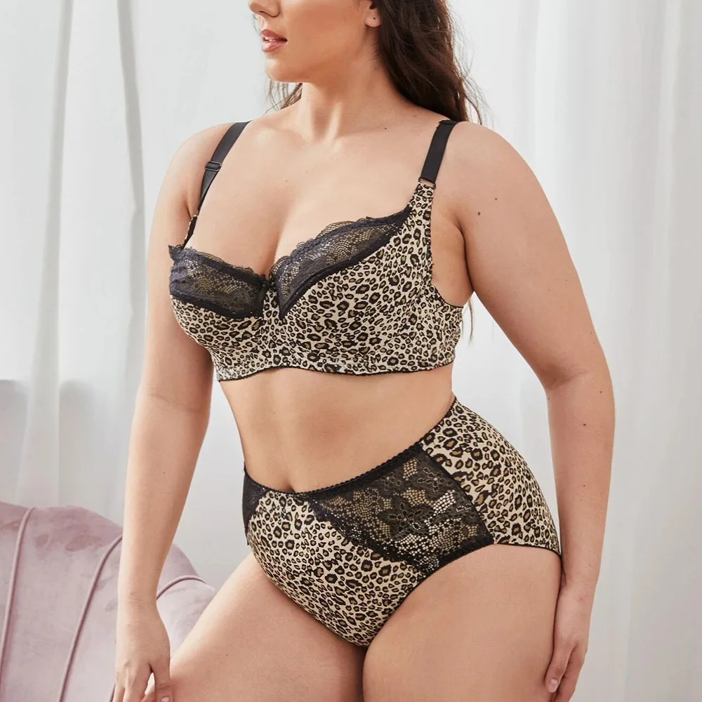

Bra and Panty Set Soft Leopard Bralettes for Women Lace Full Coverage Bras Adjusted-straps Plus Size Underwear Bra Set