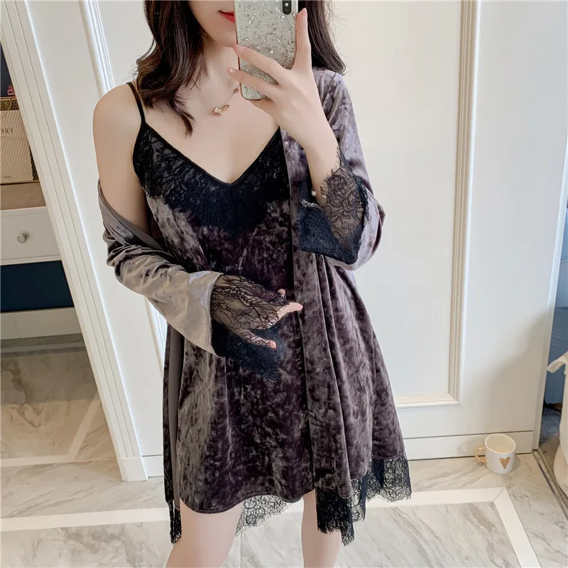 Новинка осени бархата золотого цвета с черным кружевом Для женщин свободный