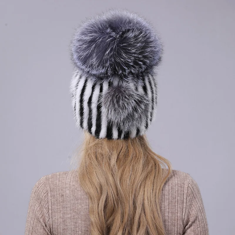 Зимние настоящие норковые меховые шапки для женщин вязаные меха лисы помпон ухо