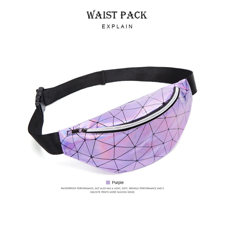 RIAYOOE Fashion women belt bag Geometric black banana bag gold Silver Sequin waist bag Laser Phone Pouch