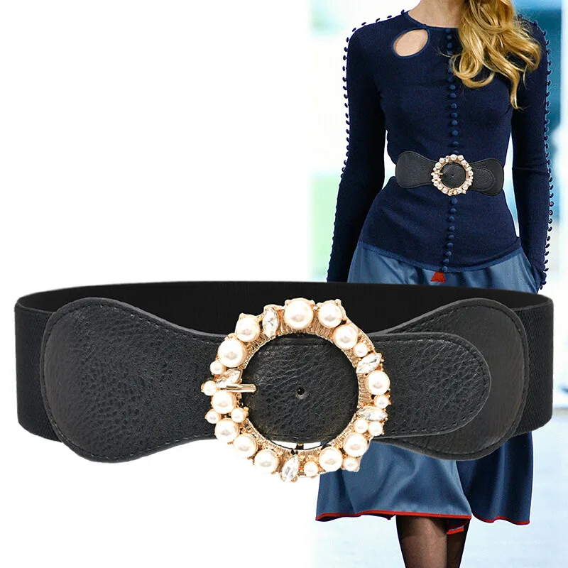Пояс H3489 Женский широкий черный эластичный пояс с круглой пряжкой украшение из