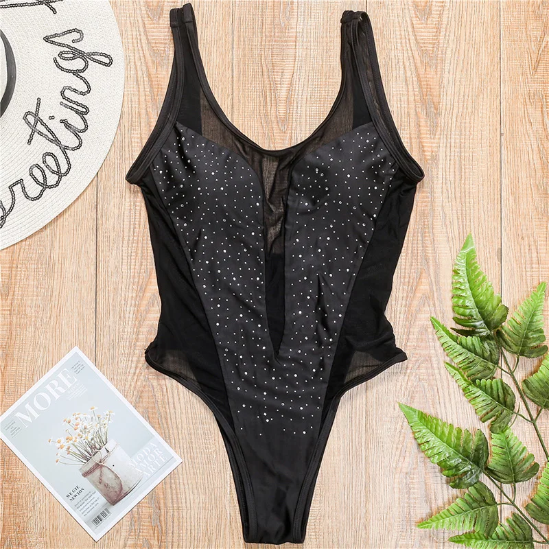 Sexy Mesh Shiny Rhinestone Diamond Women Swimwear One Piece Swimsuit Female Monokini Bather High cut Bathing Suit Swim
