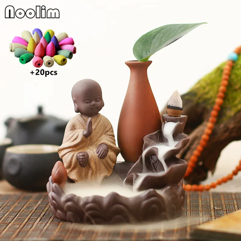 With 20pcs mixed-B Креативный керамический Лотос маленький монах курильница для благовоний горелка Высокая горная дым водопад курильница домашний декор+ 20 шт конусов - Цвет: With 20pcs mixed-B