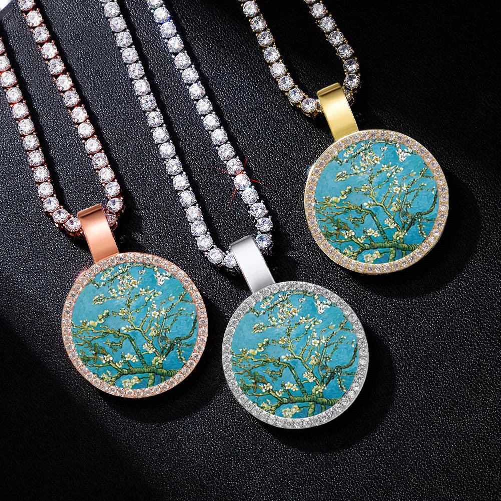 

Van Gogh The Starry Night Chain Pendants Necklaces Women Men Zircon Hip Hop Jewelry With 3mm Gold Tennis Chain