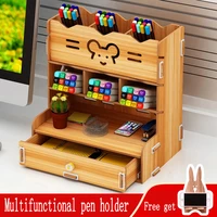 wooden desk organizer multi functional diy pen holder storage box desktop stationary storage rack for home office and school
