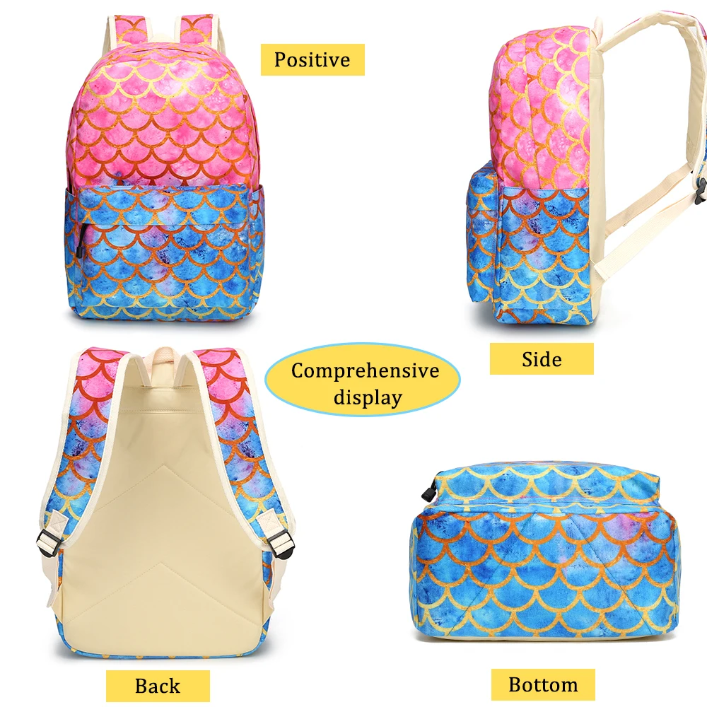 3pcs Set Ladies Fashion Canvas Backpack Mermaid Lovely Elementary School Bag Children's Lunch Bag Pencil Bag Girl Backpack