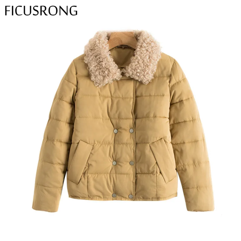 FICUSRONG, двубортная осенне-зимняя куртка для женщин, с хлопковой подкладкой, теплые парки, милый стиль, мех ягненка, воротник, женские куртки, пальто