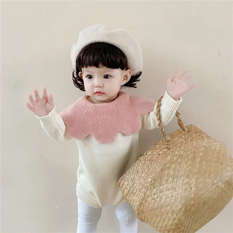 

Bear Leader/весенне-осенний вязаный шерстяной комбинезон контрастного цвета с большим воротником и лепестками для маленьких девочек цельнокрое...