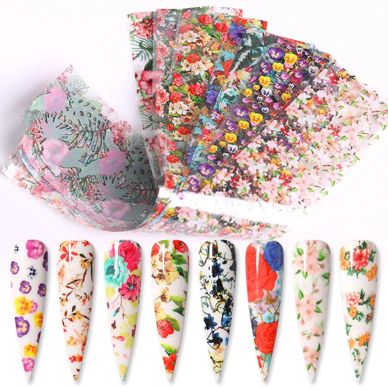 

10Pcs Colorful Tropical Flowers Butterflies Nail Foil Stickers Summer Outdoor Holiday Nail Art Transfer Sticker Slide Decoration